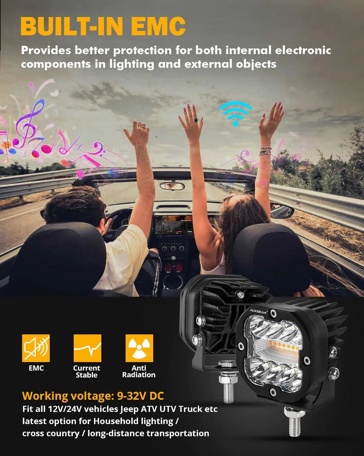 3 Inch 96W 9600 Lumens 6 Modes White&Amber Flashing LED Pod Lights