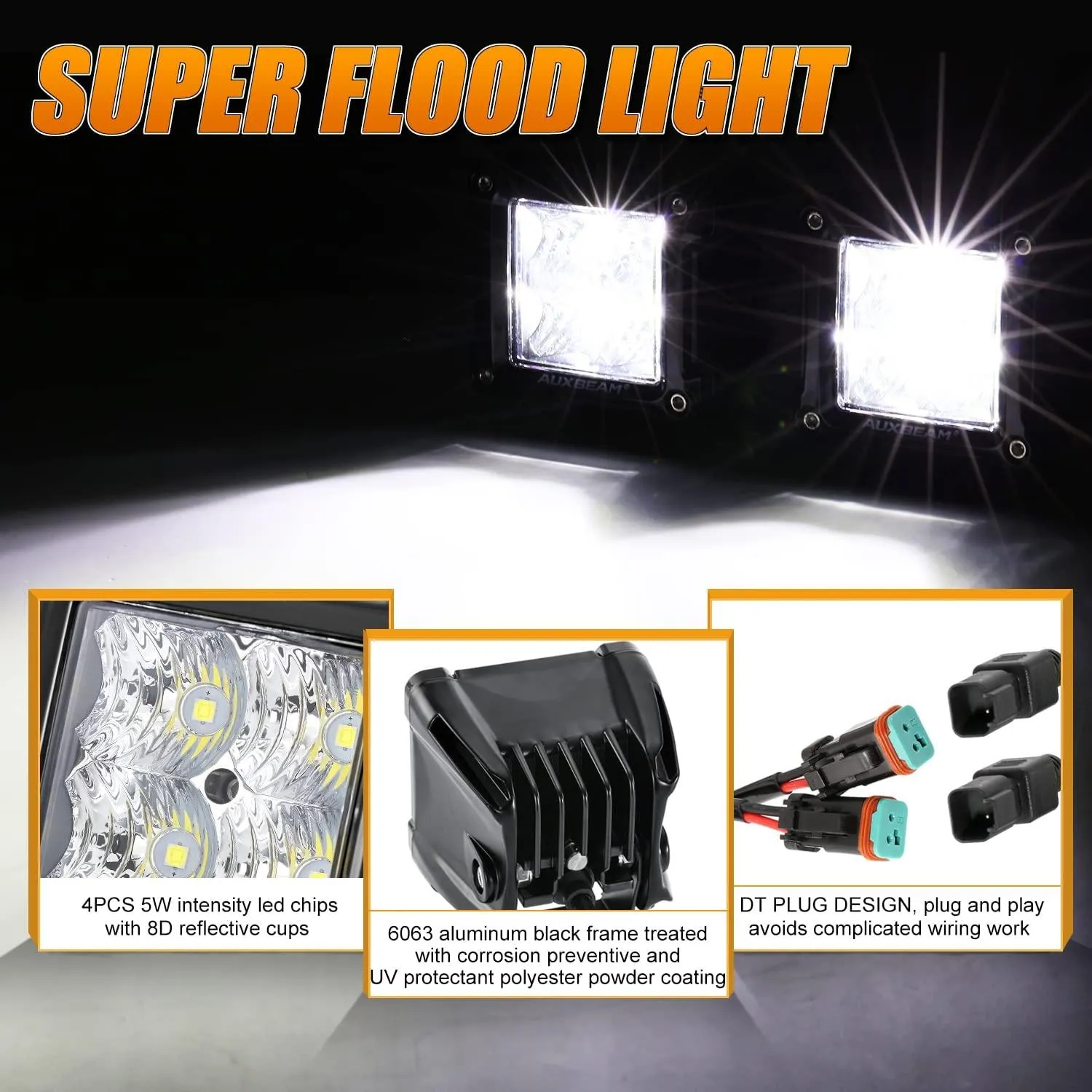 3 Inch Spot/Flood Beam LED Pods Light   Universal LED Working Lights Mounting Brackets