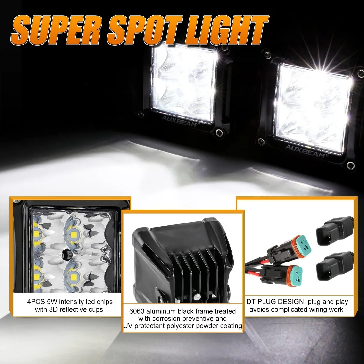 3 Inch Spot/Flood Beam LED Pods Light   Universal LED Working Lights Mounting Brackets