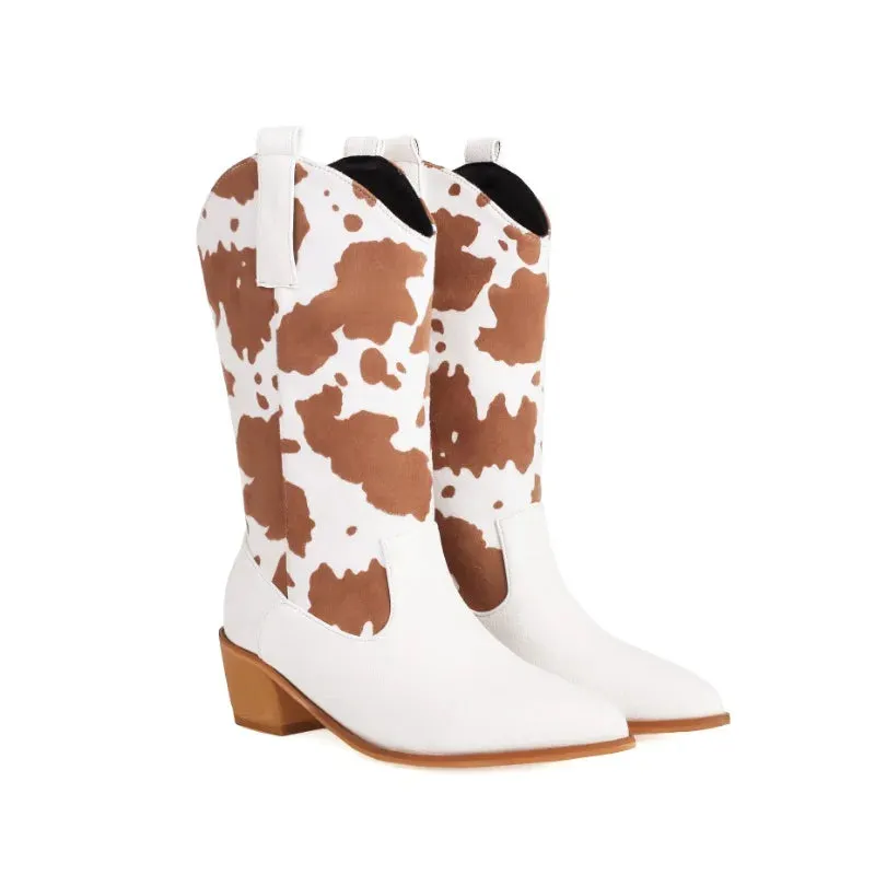 Amozae-2024 new autumn winter Women mid-calf boots plus size 22-26.5CM Milk streaks microfiber modern boots pointed toe western boots