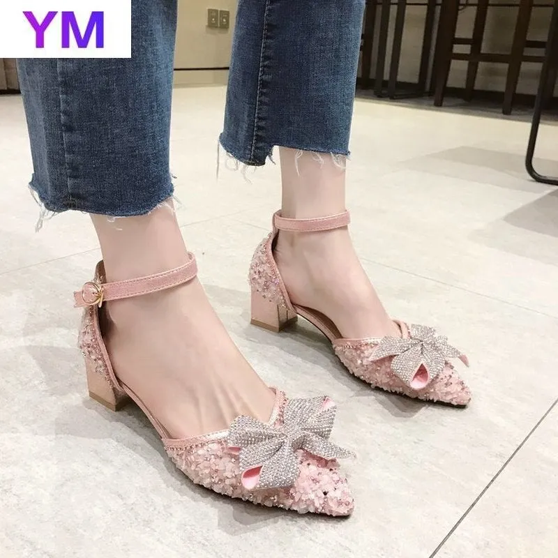Amozae- Luxury Women Pumps Crystal High Heels   Bowknot Pointed Toe Ankle Strap Wedding Party Brand Fashion Shoes for Lady Size 35-39