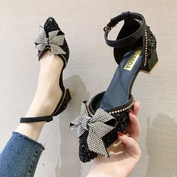 Amozae- Luxury Women Pumps Crystal High Heels   Bowknot Pointed Toe Ankle Strap Wedding Party Brand Fashion Shoes for Lady Size 35-39