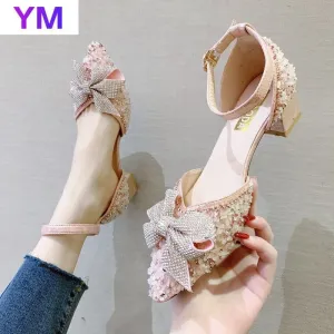 Amozae- Luxury Women Pumps Crystal High Heels   Bowknot Pointed Toe Ankle Strap Wedding Party Brand Fashion Shoes for Lady Size 35-39