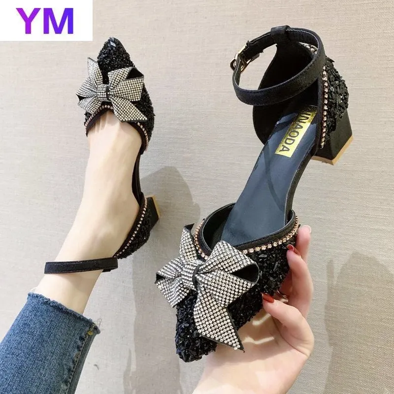Amozae- Luxury Women Pumps Crystal High Heels   Bowknot Pointed Toe Ankle Strap Wedding Party Brand Fashion Shoes for Lady Size 35-39