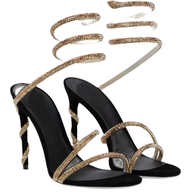 Amozae Spring New Sandals Snake-Shaped Golden Winding Word With Straps Stiletto High Heels Women's Rhinestone