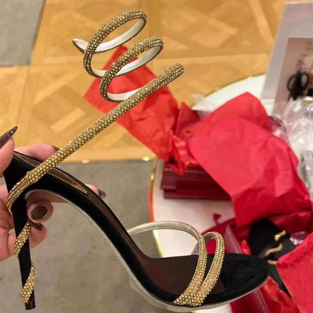 Amozae Spring New Sandals Snake-Shaped Golden Winding Word With Straps Stiletto High Heels Women's Rhinestone