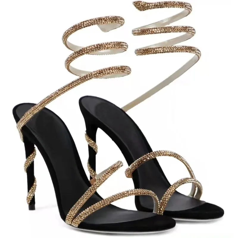 Amozae Spring New Sandals Snake-Shaped Golden Winding Word With Straps Stiletto High Heels Women's Rhinestone