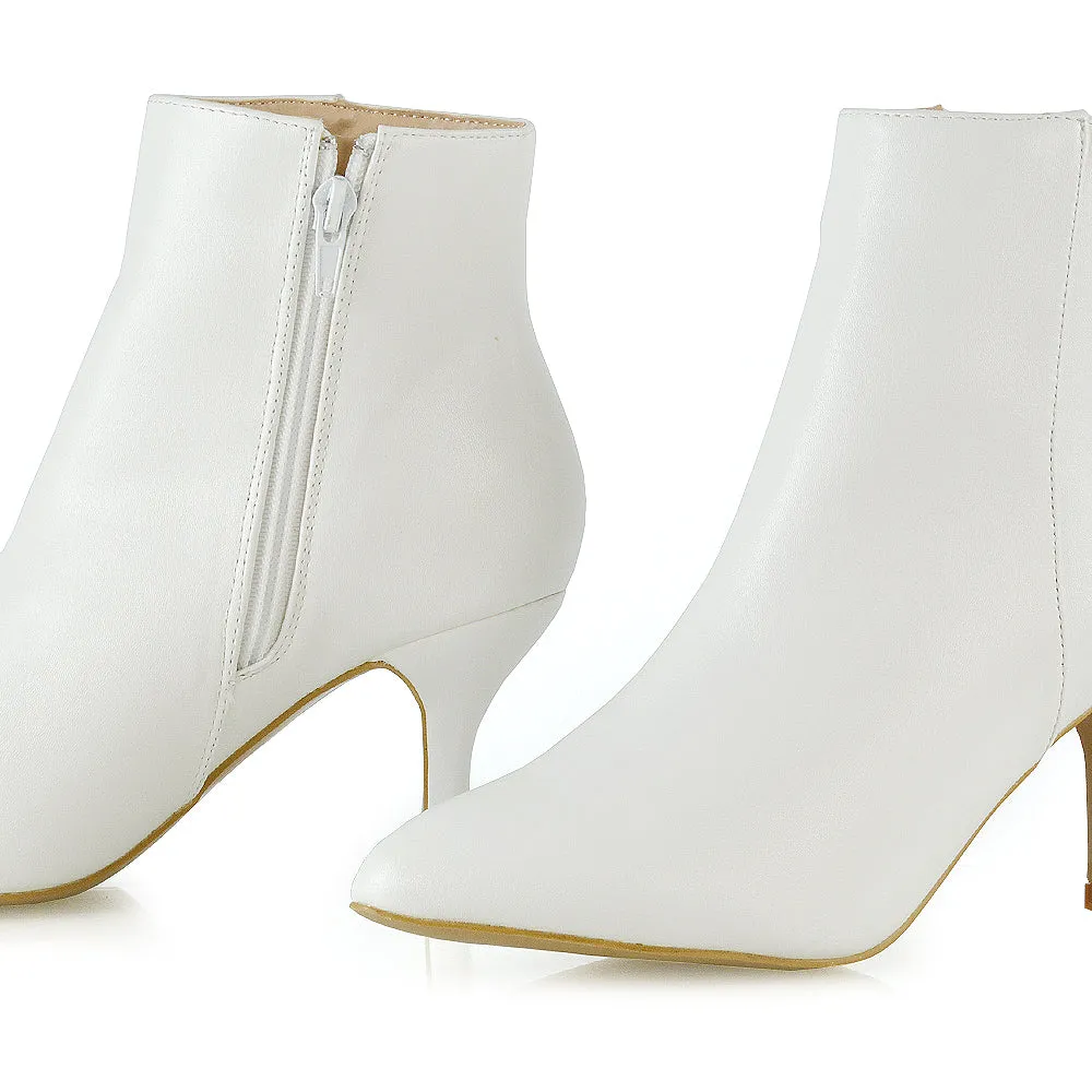 Anastasia Low mid Kitten High Heel Stiletto Zip-up Ankle Boots in White Synthetic Leather