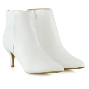 Anastasia Low mid Kitten High Heel Stiletto Zip-up Ankle Boots in White Synthetic Leather