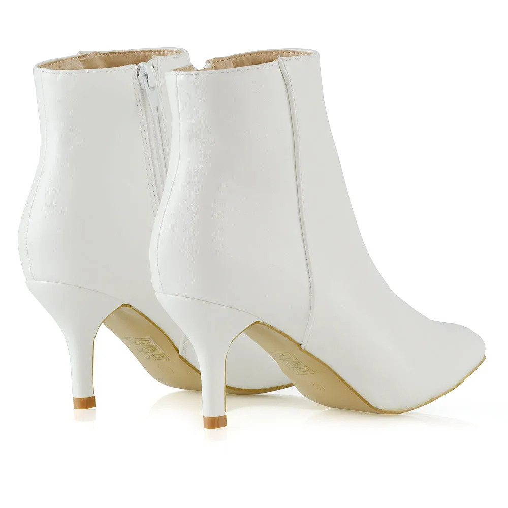 Anastasia Low mid Kitten High Heel Stiletto Zip-up Ankle Boots in White Synthetic Leather