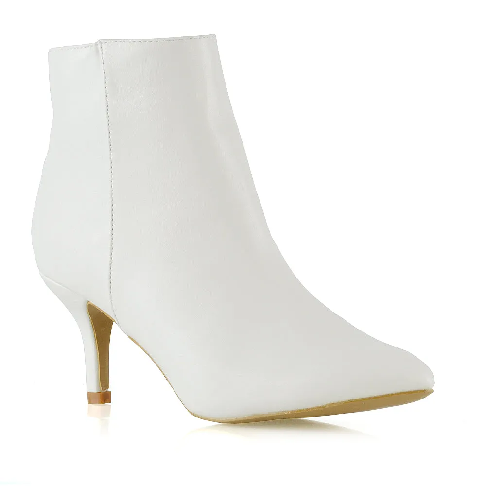 Anastasia Low mid Kitten High Heel Stiletto Zip-up Ankle Boots in White Synthetic Leather