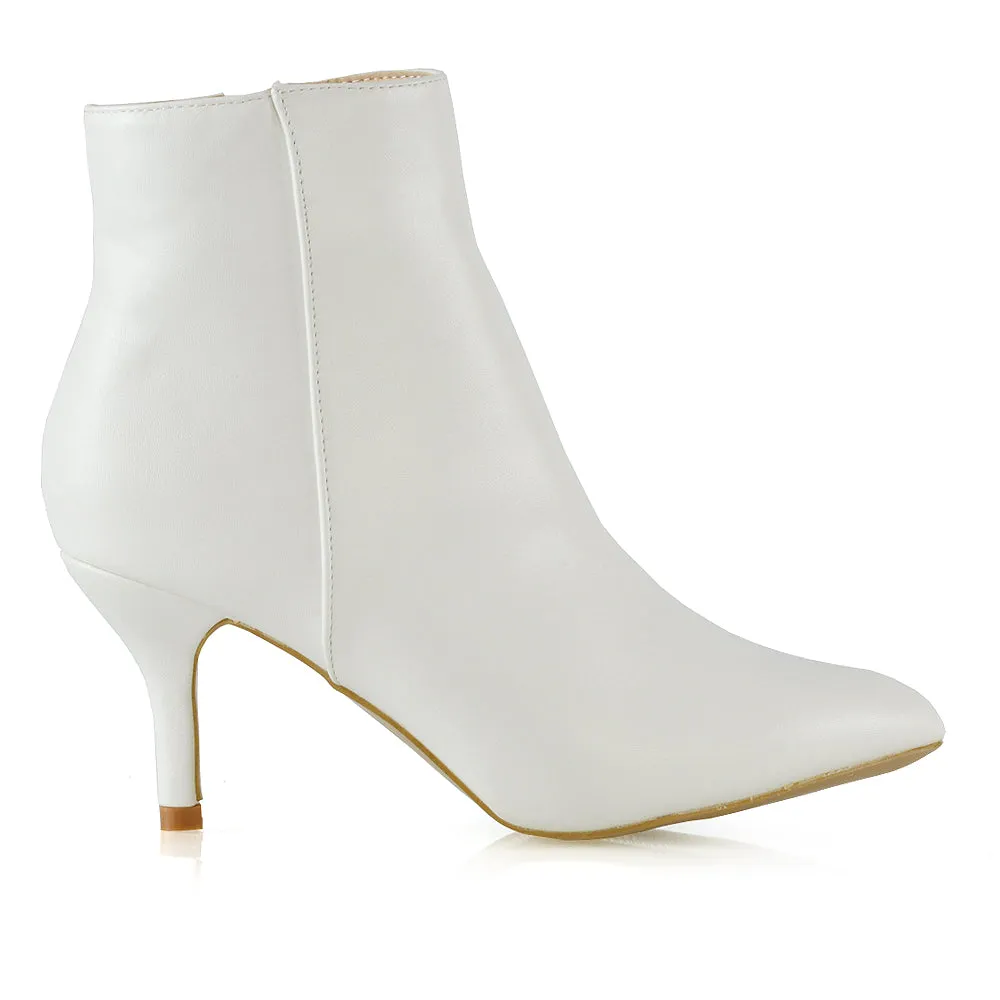 Anastasia Low mid Kitten High Heel Stiletto Zip-up Ankle Boots in White Synthetic Leather