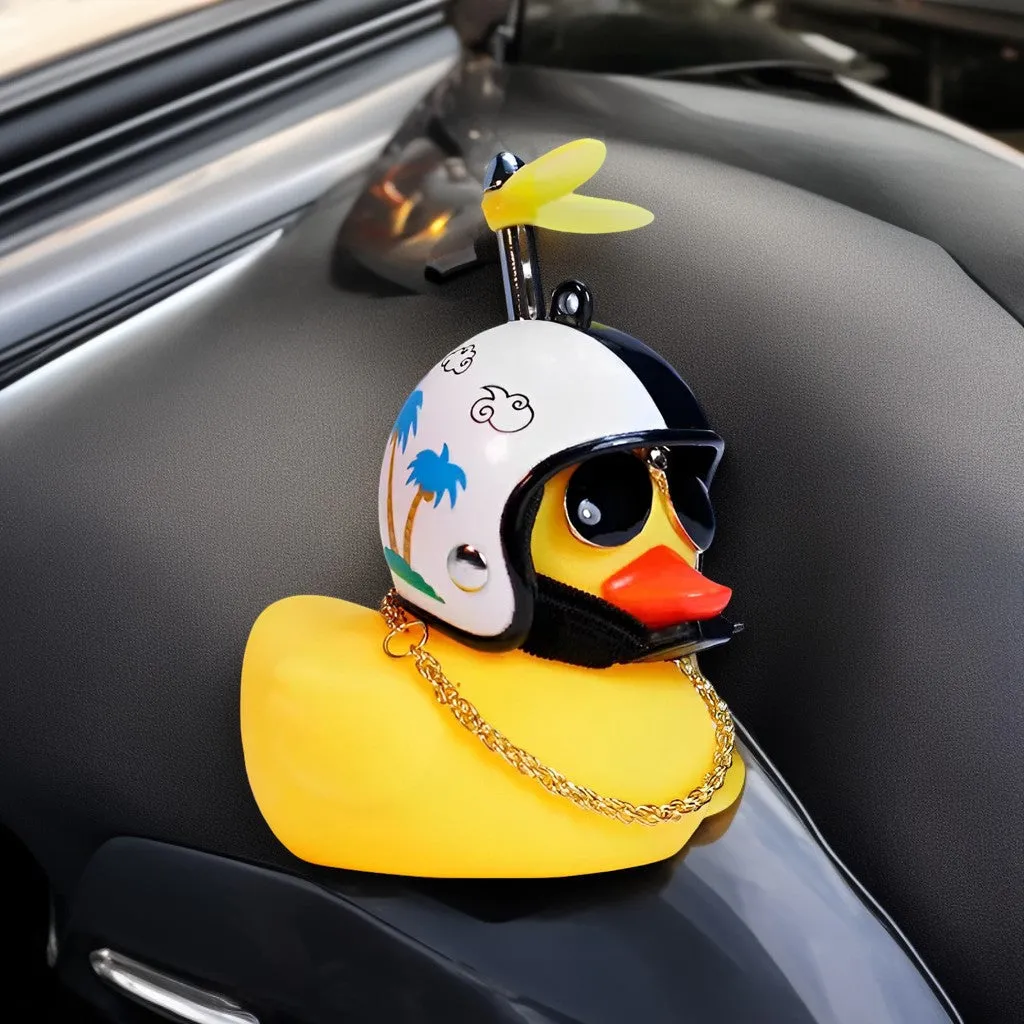 Anypack Car Ornaments Rubber Yellow Duck for Car Dashboard Decorations Cool Glasses Duck with Coconut Tree Propeller Helmet Gold Chain