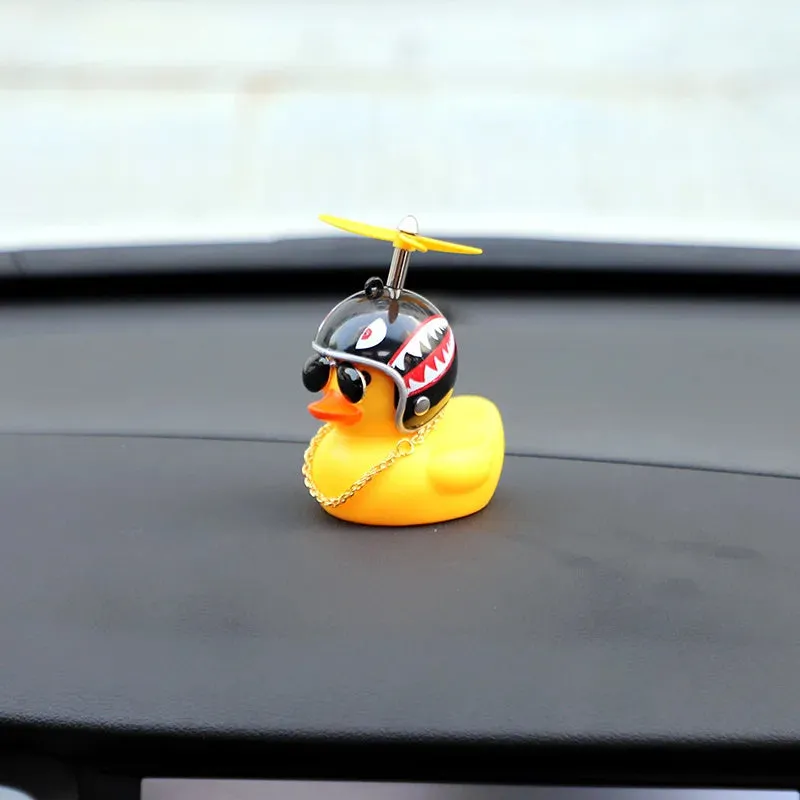 Anypack Car Ornaments Rubber Yellow Duck  for Car Dashboard Decorations Cool Glasses Duck with Propeller Helmet Gold Chain