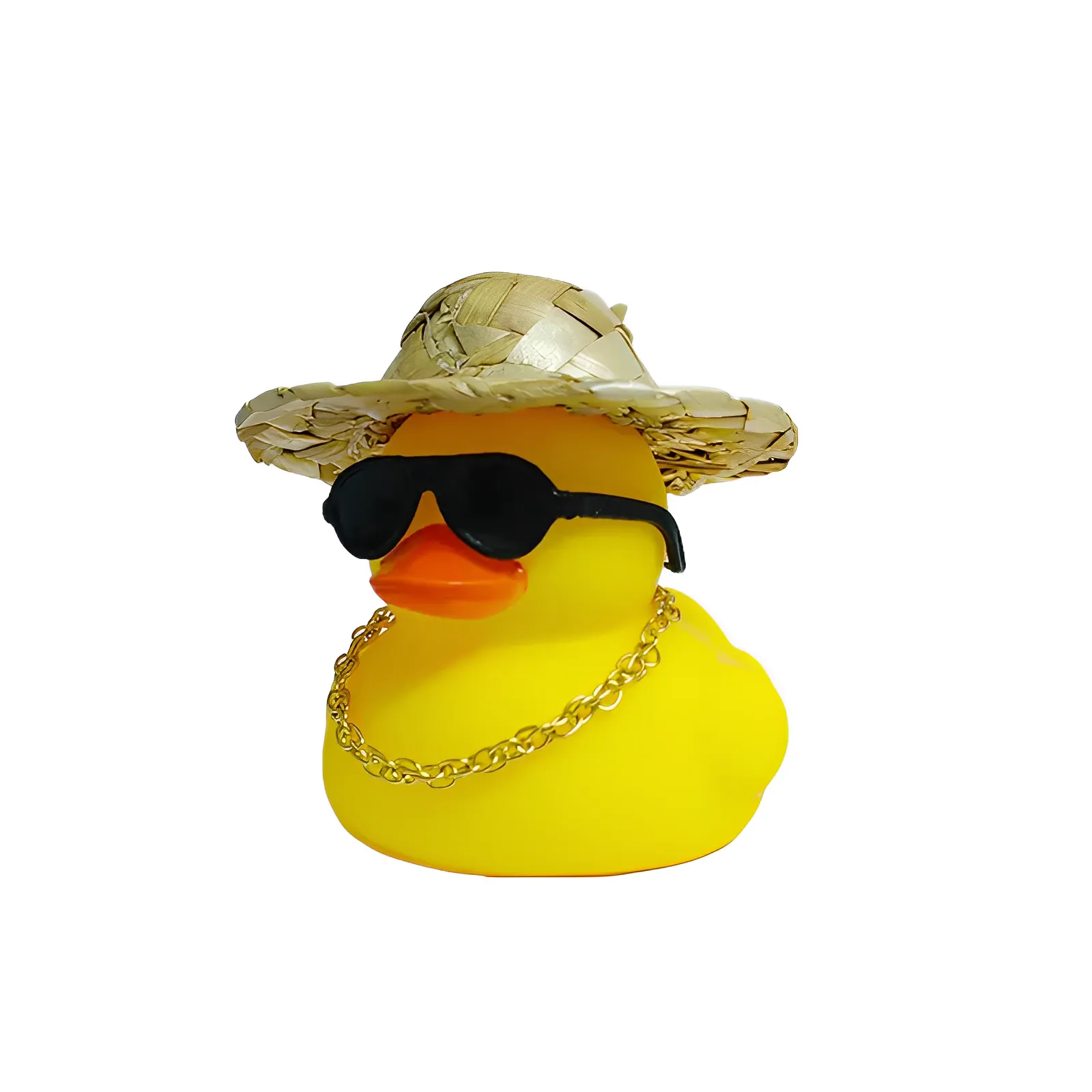 Anypack Car Ornaments Rubber Yellow Duck for Car Dashboard Decorations Round Glasses Duck with Straw Hat Gold Chain