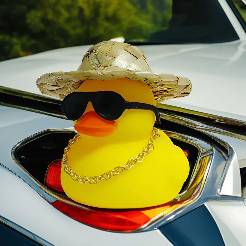 Anypack Car Ornaments Rubber Yellow Duck for Car Dashboard Decorations Round Glasses Duck with Straw Hat Gold Chain