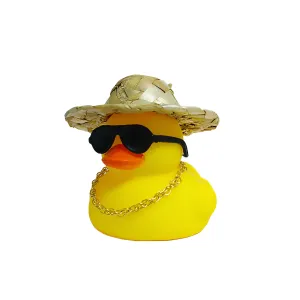 Anypack Car Ornaments Rubber Yellow Duck for Car Dashboard Decorations Round Glasses Duck with Straw Hat Gold Chain