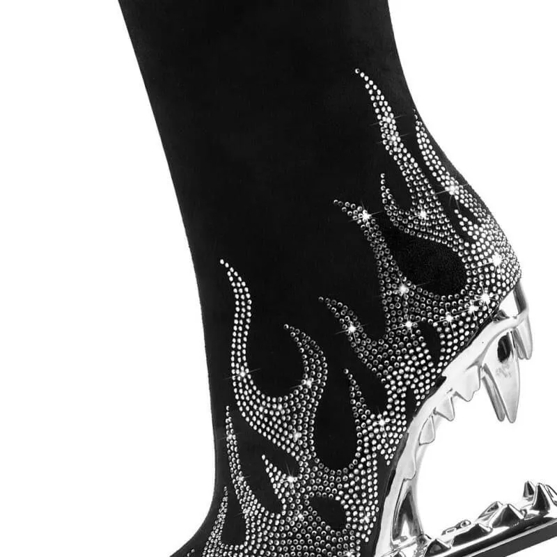 Black Knee-high Boots with Unique Tiger Mouth and Rhinestone Flame Pattern