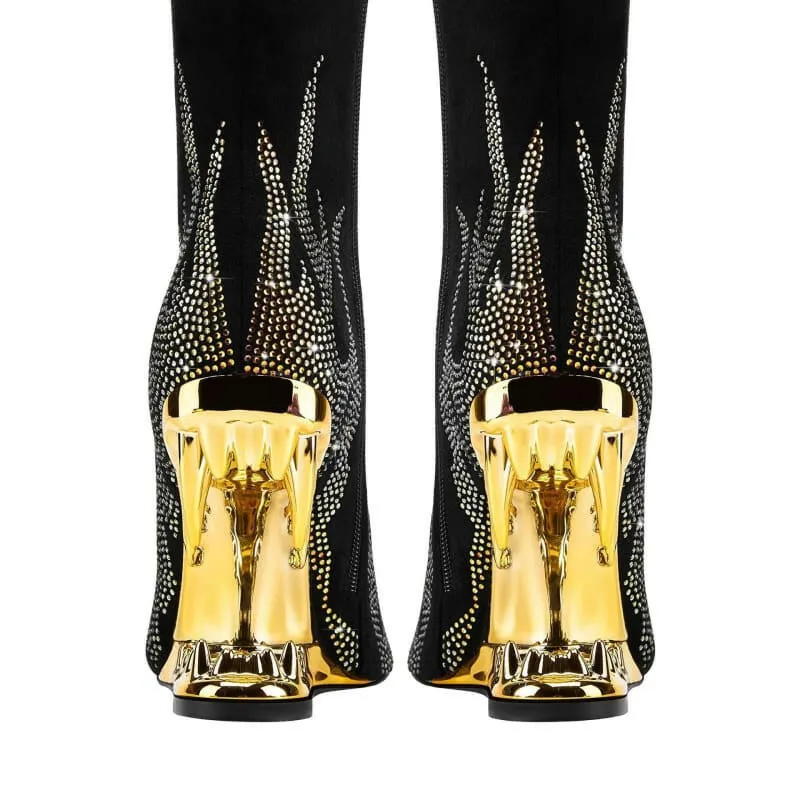 Black Knee-high Boots with Unique Tiger Mouth and Rhinestone Flame Pattern