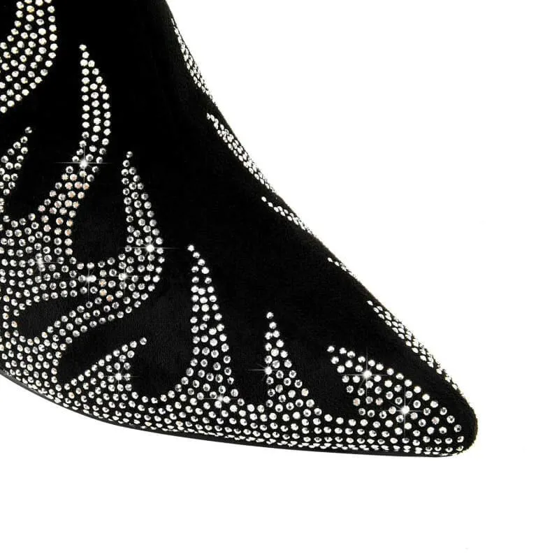 Black Knee-high Boots with Unique Tiger Mouth and Rhinestone Flame Pattern