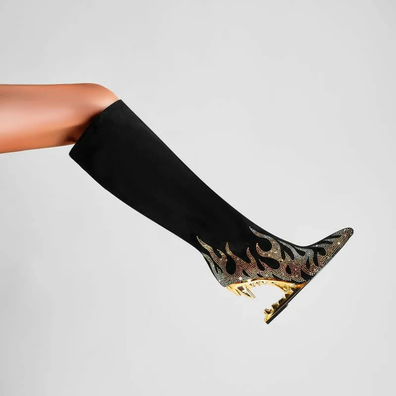 Black Knee-high Boots with Unique Tiger Mouth and Rhinestone Flame Pattern