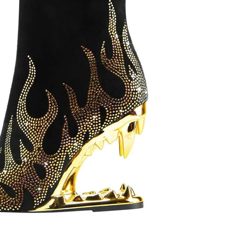 Black Knee-high Boots with Unique Tiger Mouth and Rhinestone Flame Pattern