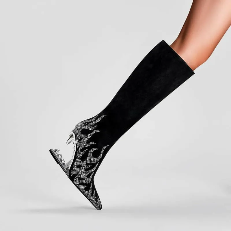 Black Knee-high Boots with Unique Tiger Mouth and Rhinestone Flame Pattern