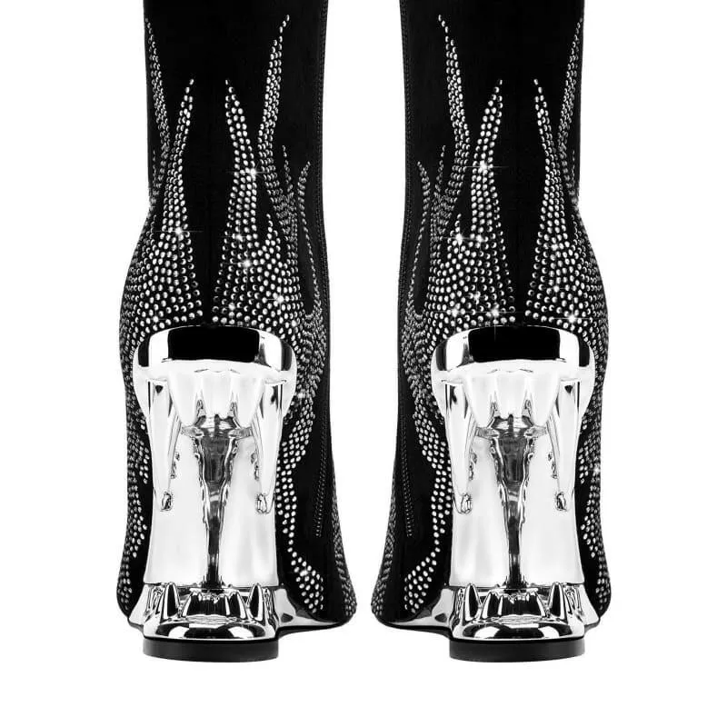 Black Knee-high Boots with Unique Tiger Mouth and Rhinestone Flame Pattern