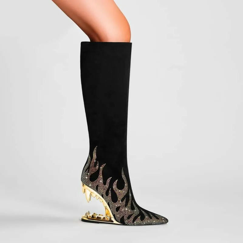 Black Knee-high Boots with Unique Tiger Mouth and Rhinestone Flame Pattern