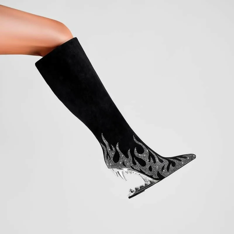 Black Knee-high Boots with Unique Tiger Mouth and Rhinestone Flame Pattern