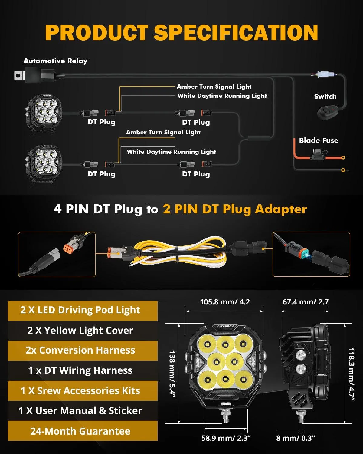 CUBE-Z Series 4 Inch Spot LED Pod Lights Off Road Lights with White DRL & Amber Turn Signal Lights