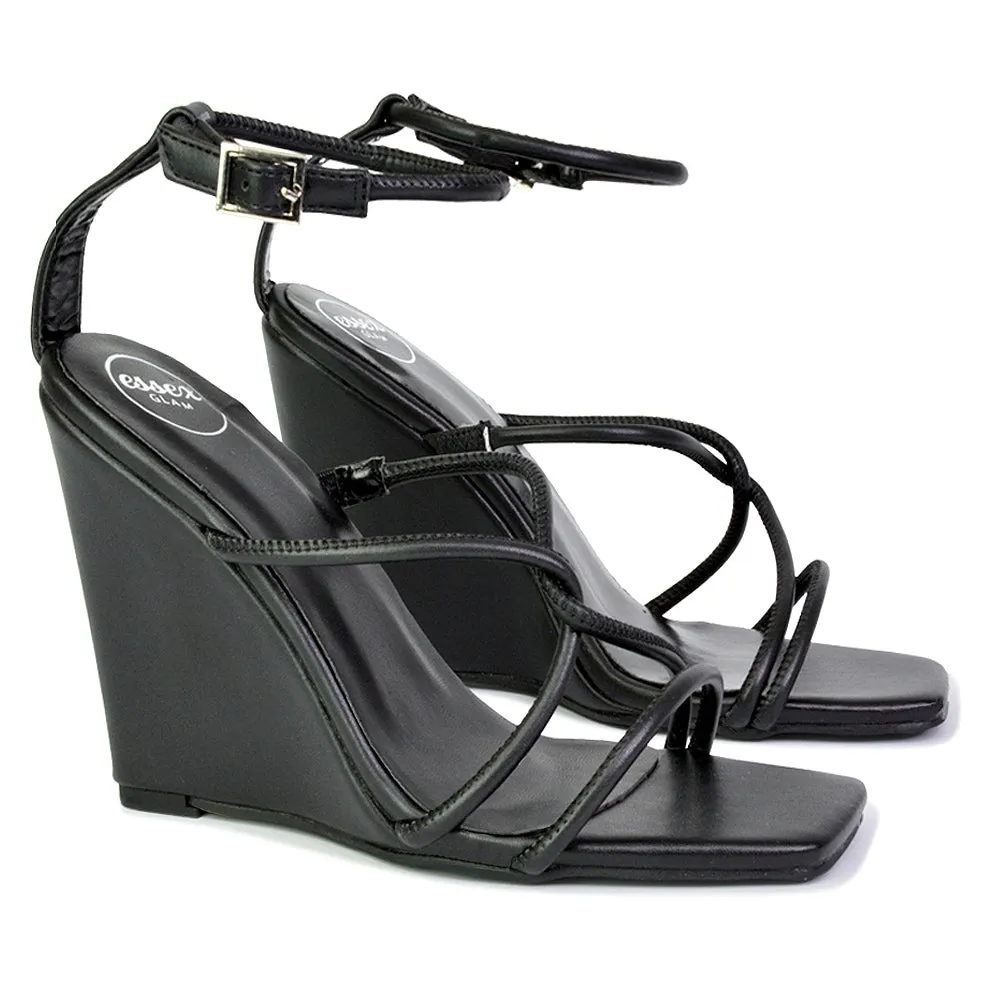 Danica Strappy Cross Over Square Toe Wedge High Heel Summer Sandals in Black