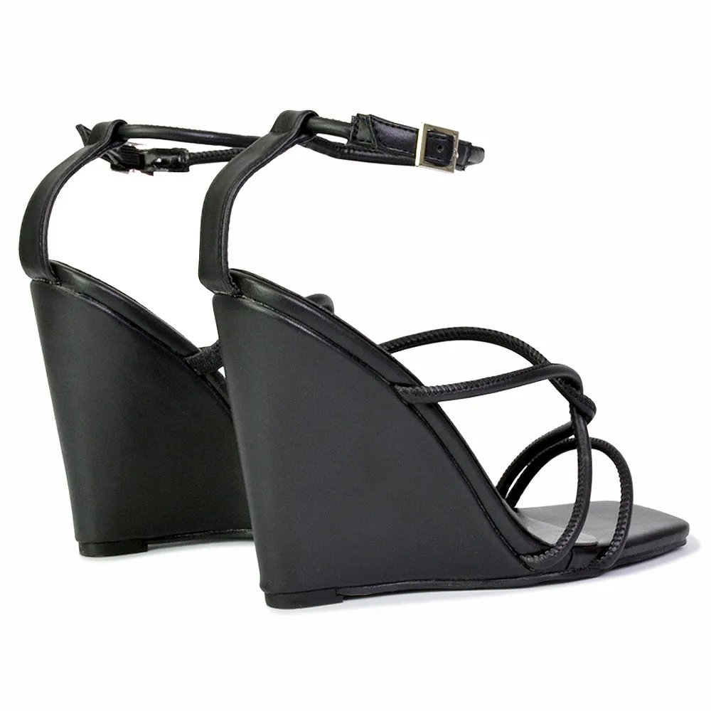 Danica Strappy Cross Over Square Toe Wedge High Heel Summer Sandals in Black