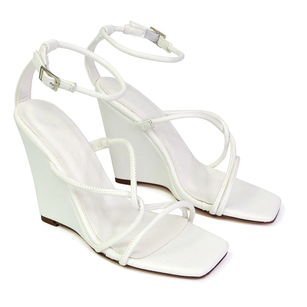 Danica Strappy Cross Over Square Toe Wedge High Heel Summer Sandals in Black