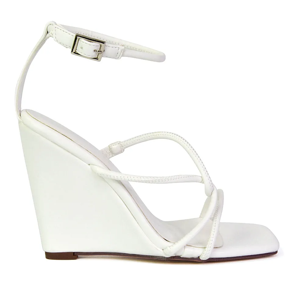 Danica Strappy Cross Over Square Toe Wedge High Heel Summer Sandals in Black
