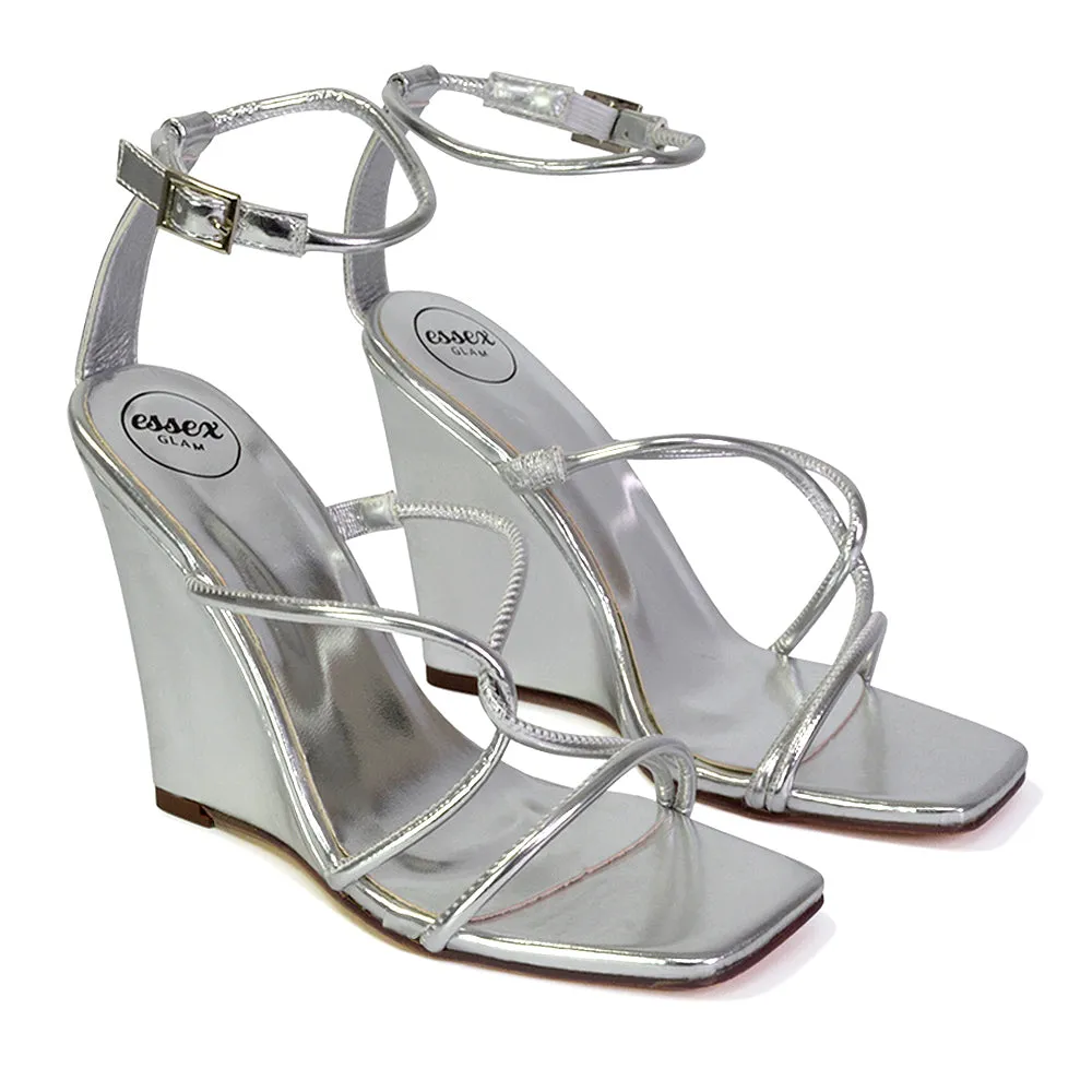 Danica Strappy Cross Over Square Toe Wedge High Heel Summer Sandals in Black