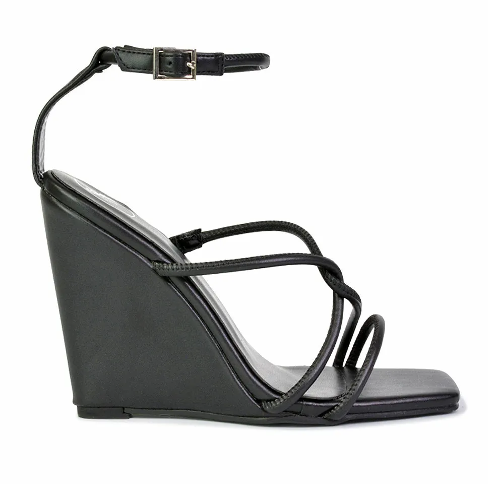Danica Strappy Cross Over Square Toe Wedge High Heel Summer Sandals in Black