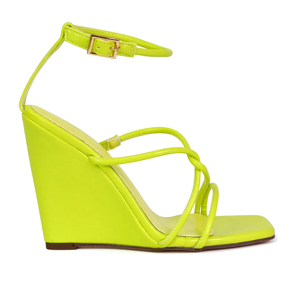 Danica Strappy Cross Over Square Toe Wedge High Heel Summer Sandals in Black