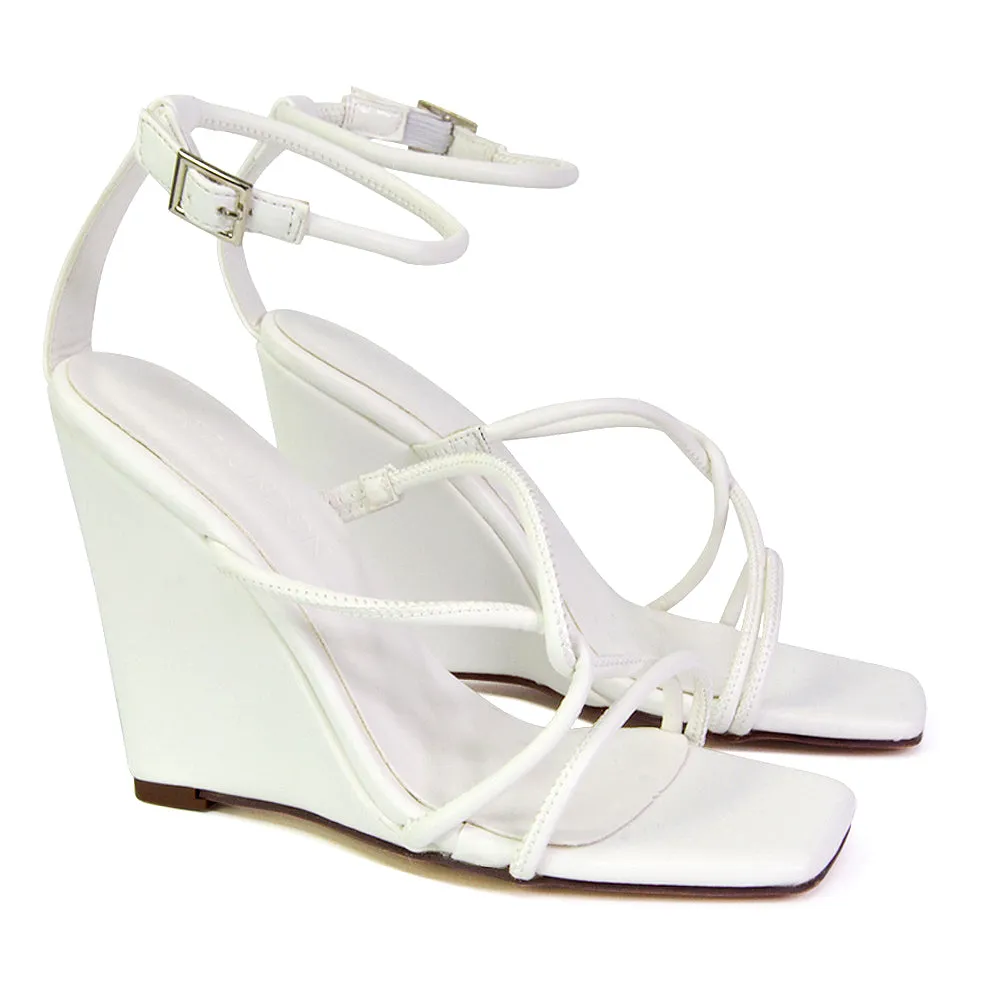 Danica Strappy Cross Over Square Toe Wedge High Heel Summer Sandals in Black