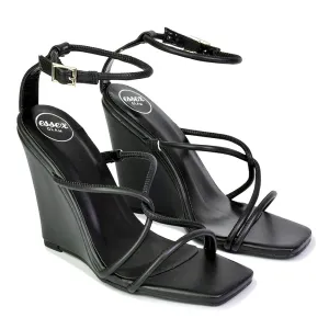 Danica Strappy Cross Over Square Toe Wedge High Heel Summer Sandals in Black