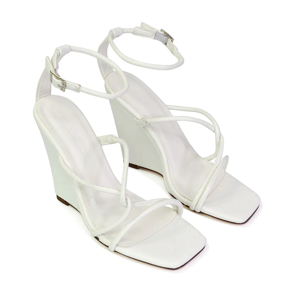 Danica Strappy Cross Over Square Toe Wedge High Heel Summer Sandals in Black