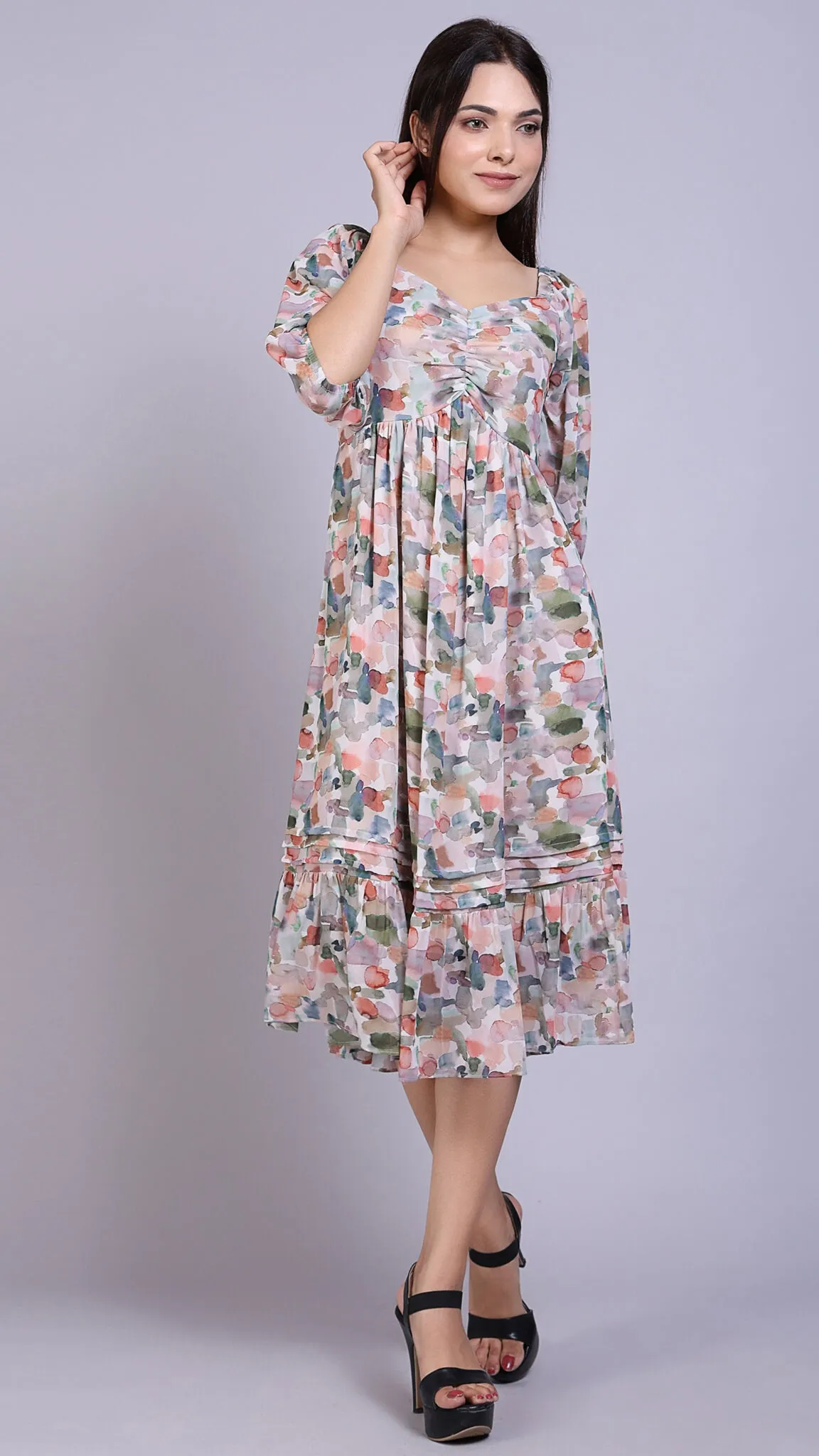 Front Detailed Floral Midi Dress