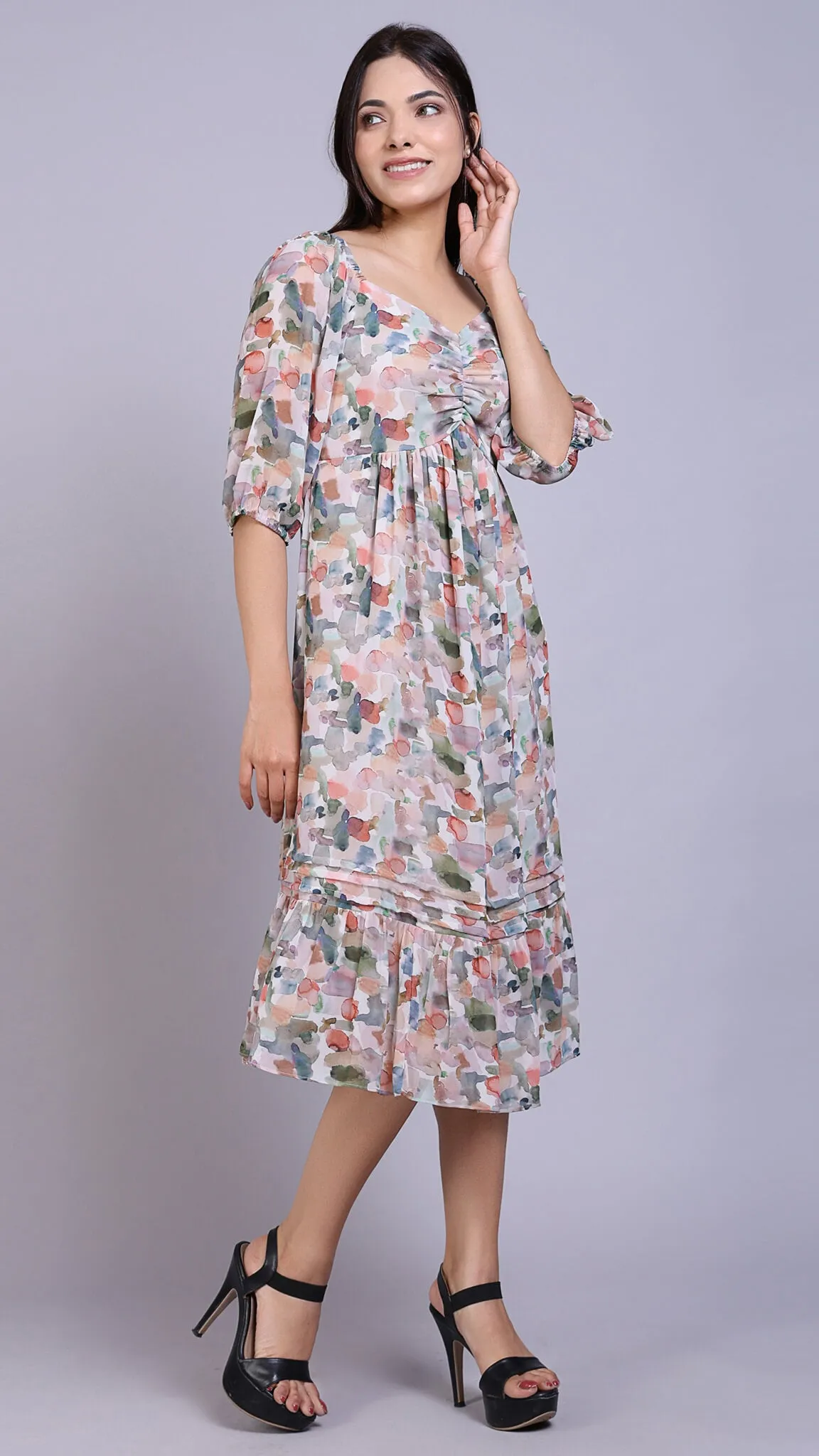 Front Detailed Floral Midi Dress