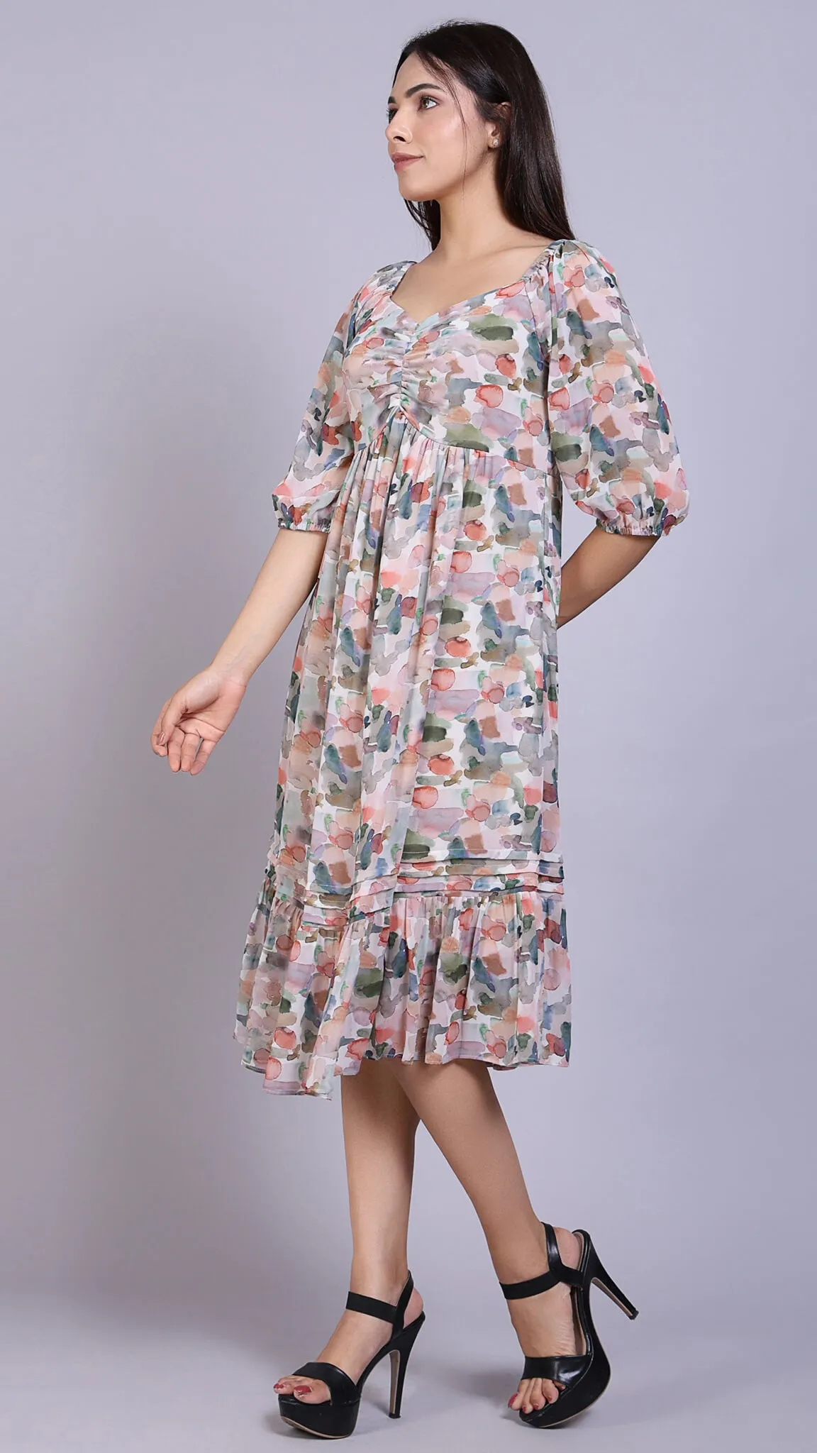 Front Detailed Floral Midi Dress