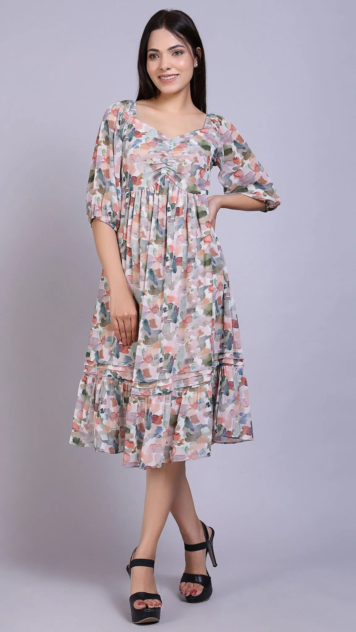 Front Detailed Floral Midi Dress