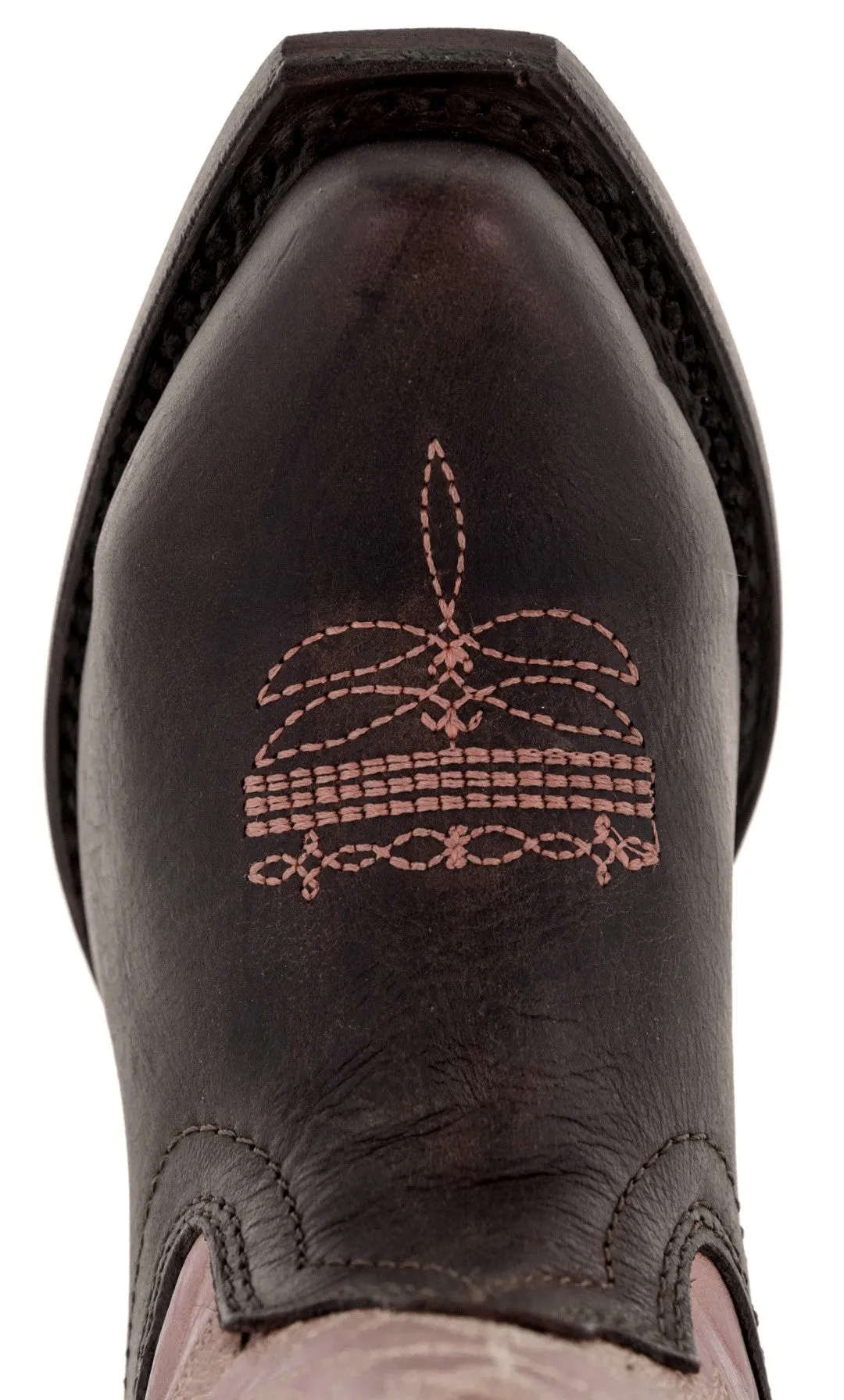 Girls Pink & Dark Brown Stitched Leather Cowgirl Boots - Snip Toe
