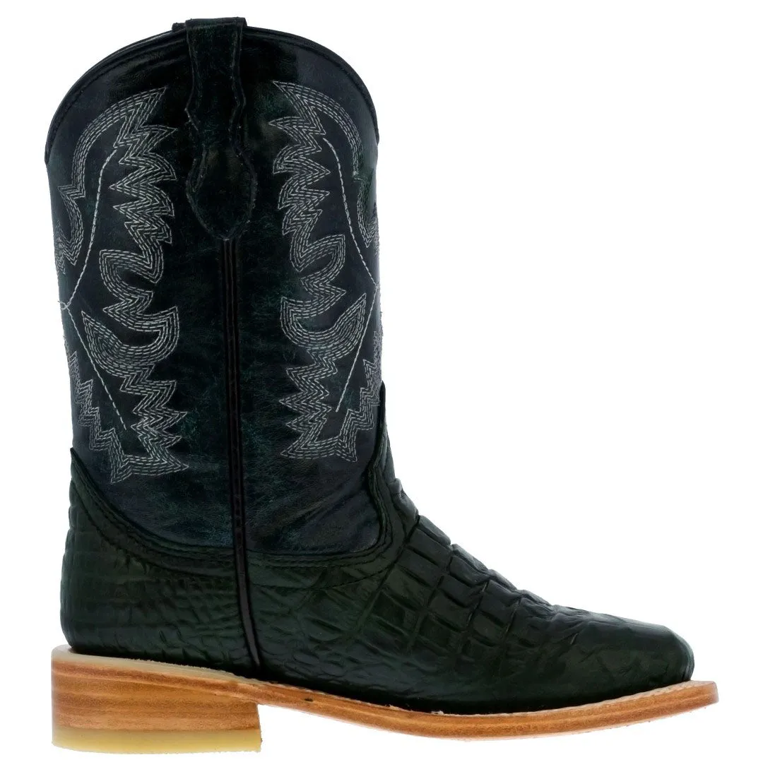 Kids Unisex Western Boots Alligator Pattern Leather Green Square Toe Botas