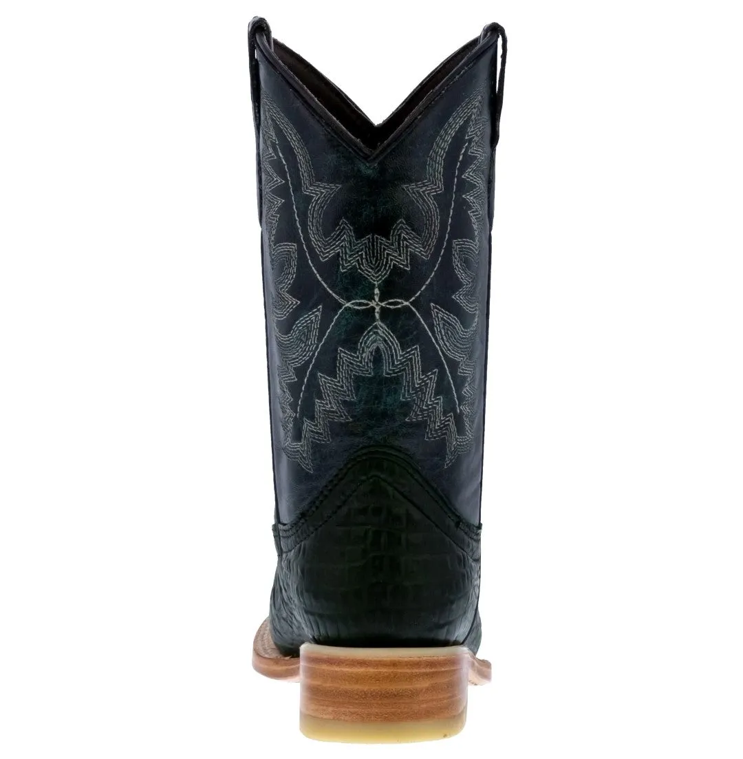 Kids Unisex Western Boots Alligator Pattern Leather Green Square Toe Botas