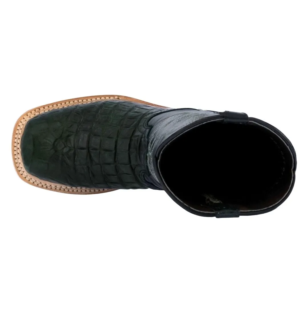 Kids Unisex Western Boots Alligator Pattern Leather Green Square Toe Botas