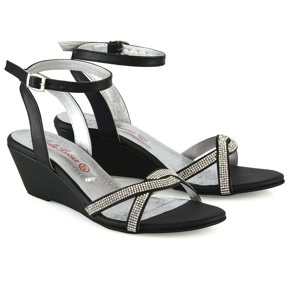Livvy Diamante Embellished Low Heel Cross Over Strappy Wedge Sandals in Black